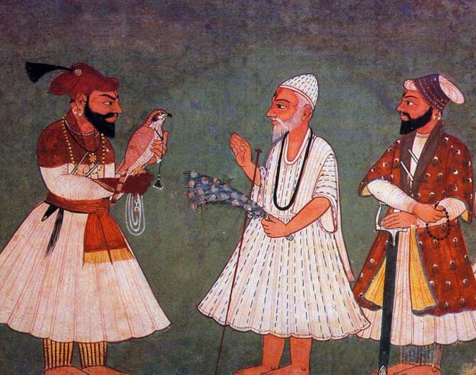 3. Guru Gobind Singh (a sinistra), incontro con Guru Nanak Dev, pittura indiana XVIII° s.